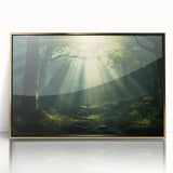 Framed wall art featuring a serene landscape design with mist and fog, set in a sleek gold frame, perfect for adding a calming touch to any room.