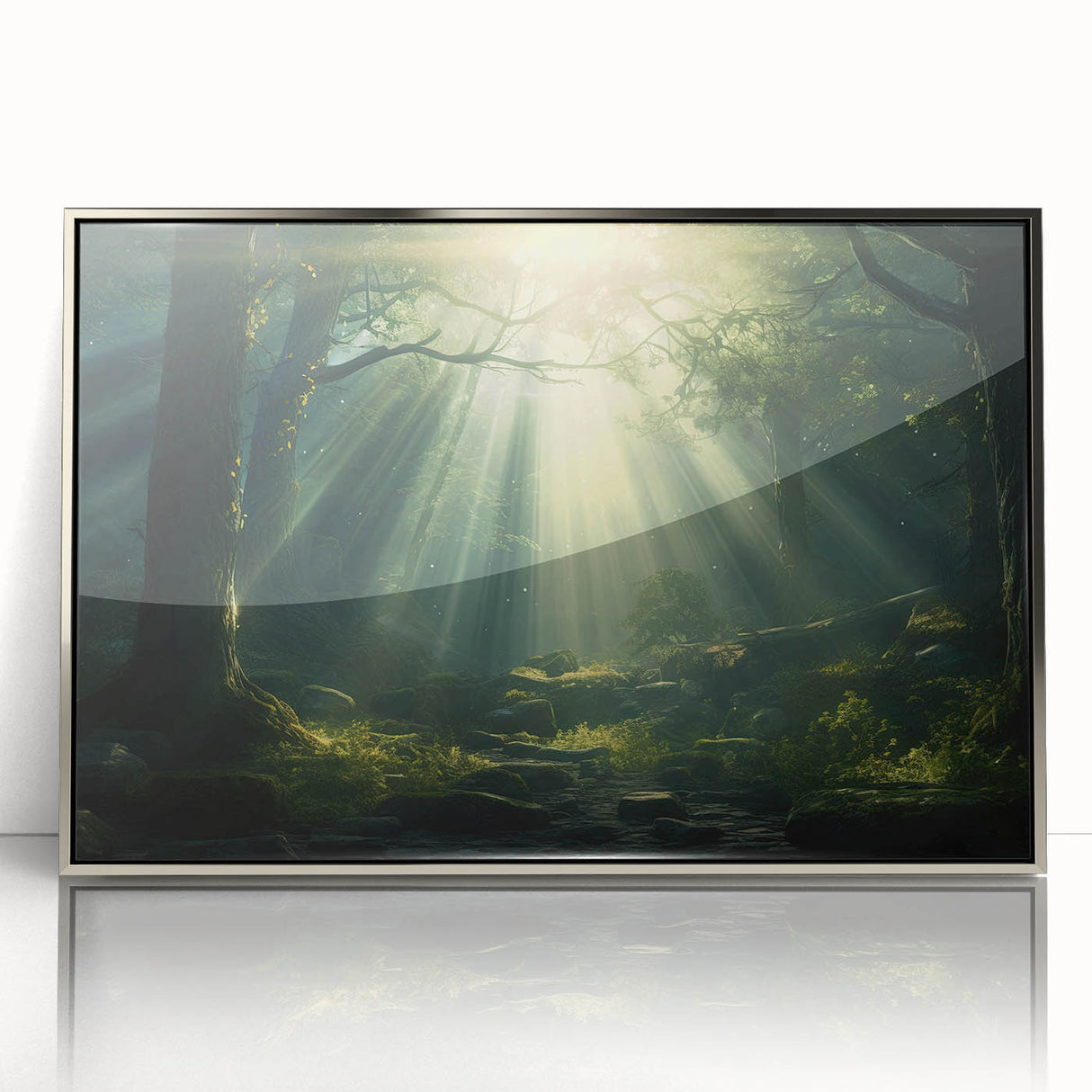 Framed acrylic wall art showcasing a serene landscape design of misty fog, featuring a silver frame that enhances its elegance, perfect for modern home decor.
