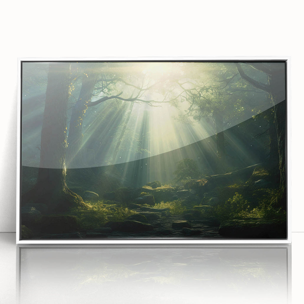 Framed wall art showcasing a serene landscape design with mist and fog, featuring a white frame that enhances the soft, tranquil colors, perfect for home decor.