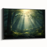 Framed canvas wall art featuring a serene landscape design with mist and fog, showcasing a black frame and elegant side view, perfect for home decor.