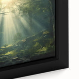 Close-up of a framed canvas wall art piece showcasing a serene landscape design with mist and fog, featuring soft hues of blue and gray, ideal for modern home decor.