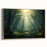 Framed canvas wall art depicting a serene landscape with mist and fog, featuring soft gold accents and a sleek side view design, perfect for home decor.
