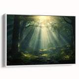 Framed wall art featuring a serene landscape design with mist and fog, displayed from a side view against a white wall, enhancing a tranquil home decor aesthetic. This canvas adds a calming touch to any living space, perfect for nature enthusiasts.