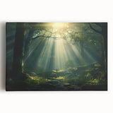 Stretched canvas wall art featuring a serene misty landscape with soft fog enveloping trees, ideal for enhancing home decor in living rooms or offices.