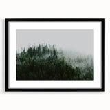 Minimalist black-framed wall art showcasing a serene landscape design with mist and fog elements, ideal for modern home decor and enhancing ambiance.