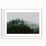 Framed wall art showcasing a serene misty landscape design with soft gray and white tones, ideal for modern home decor, enhancing any living space ambiance.