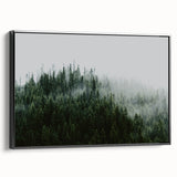 Framed canvas wall art depicting a serene landscape shrouded in mist, featuring soft grey and white tones, perfect for enhancing modern home decor.