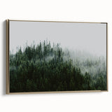 Framed canvas wall art showcasing a serene landscape design with mist and fog, featuring a gold frame and a side view display, ideal for home decor.