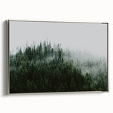 Framed canvas wall art showcasing a serene landscape design with misty fog, featuring soft gray and silver tones, perfect for modern home decor.