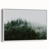 Framed canvas wall art featuring a serene landscape design shrouded in mist and fog, showcasing soft colors and a calming atmosphere, perfect for home decor.