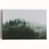 Stretched canvas wall art featuring a serene landscape design with mist and fog, showcasing soft hues of blue and gray for a calming atmosphere. Ideal for home decor.