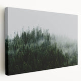 Stretched canvas wall art showcasing a serene landscape design with mist and fog, perfect for home decor, offering a calming atmosphere and modern aesthetic.