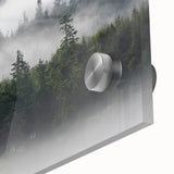 Close-up of an acrylic glass wall art piece showcasing a serene landscape design with mist and fog, ideal for modern home decor and aesthetic enhancement.