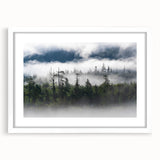 Framed wall art featuring a misty landscape design in soft hues, showcased in a sleek white frame with a mat, ideal for enhancing modern decor.