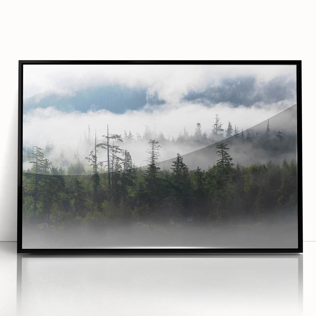 Framed acrylic wall art showcasing a misty landscape in soft gray and white tones, ideal for modern home decor, adding a serene touch to any room.