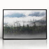 Framed acrylic wall art showcasing a misty landscape in soft gray and white tones, ideal for modern home decor, adding a serene touch to any room.