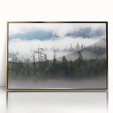 Framed acrylic wall art showcasing a serene landscape design with misty fog, set in a sleek gold frame, ideal for modern home decor. Perfect for enhancing living spaces.