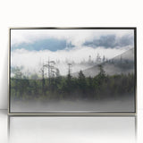 Framed acrylic wall art featuring a serene landscape design with mist and fog, set in a sleek silver frame, ideal for modern home decor.
