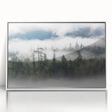 Framed acrylic wall art featuring a serene misty landscape design, showcasing soft hues of blue and gray, perfect for enhancing any modern decor.