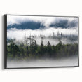 Framed landscape wall art featuring a misty fog design on a black canvas, highlighting ethereal tones perfect for modern home decor or office ambiance.