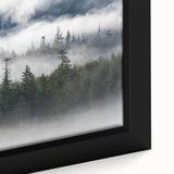 Framed canvas wall art showcasing a serene landscape design with mist and fog, highlighting soft colors and intricate details, perfect for home decor.