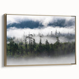 Framed wall art featuring a misty landscape design with tones of blue and gold, showcasing a serene foggy atmosphere, ideal for modern home decor.