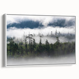 Framed canvas wall art showcasing a serene misty landscape design with soft fog tones, set against a white background, ideal for tranquil home decor.