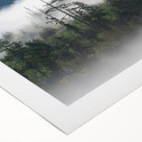 Serene landscape wall art featuring misty mountains and fog, printed on high-quality rolled canvas, ideal for enhancing home decor with a calming ambiance.