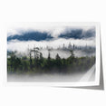 Mist-covered landscape wall art print showcasing serene foggy hills and trees in muted tones, perfect for enhancing home decor with a calming atmosphere.