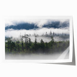 Mist-covered landscape wall art print showcasing serene foggy hills and trees in muted tones, perfect for enhancing home decor with a calming atmosphere.