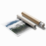 Rolled print showcasing a serene landscape design with misty fog over mountains, ideal for home decor. Features soft colors and a calming aesthetic.