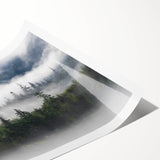 Abstract landscape art print showcasing a misty fog design, featuring soft gray and blue tones, perfect for modern home decor. Ideal for a serene atmosphere.