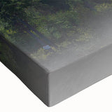 Close-up of a stretched canvas wall art piece showcasing a misty landscape design, featuring soft hues of blue and gray that evoke tranquility and serenity, perfect for home decor.