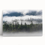 Stretched canvas wall art showcasing a serene landscape with mist and fog, featuring soft pastel colors and ethereal scenery, ideal for home decor.