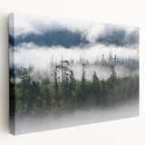 Stretched canvas wall art showcasing a serene misty landscape design, featuring soft muted colors and a foggy ambiance, ideal for tranquil home decor.