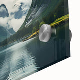 Close-up of an acrylic glass wall art piece showcasing a misty landscape design with soft gray and blue hues, adding a serene touch to modern decor.