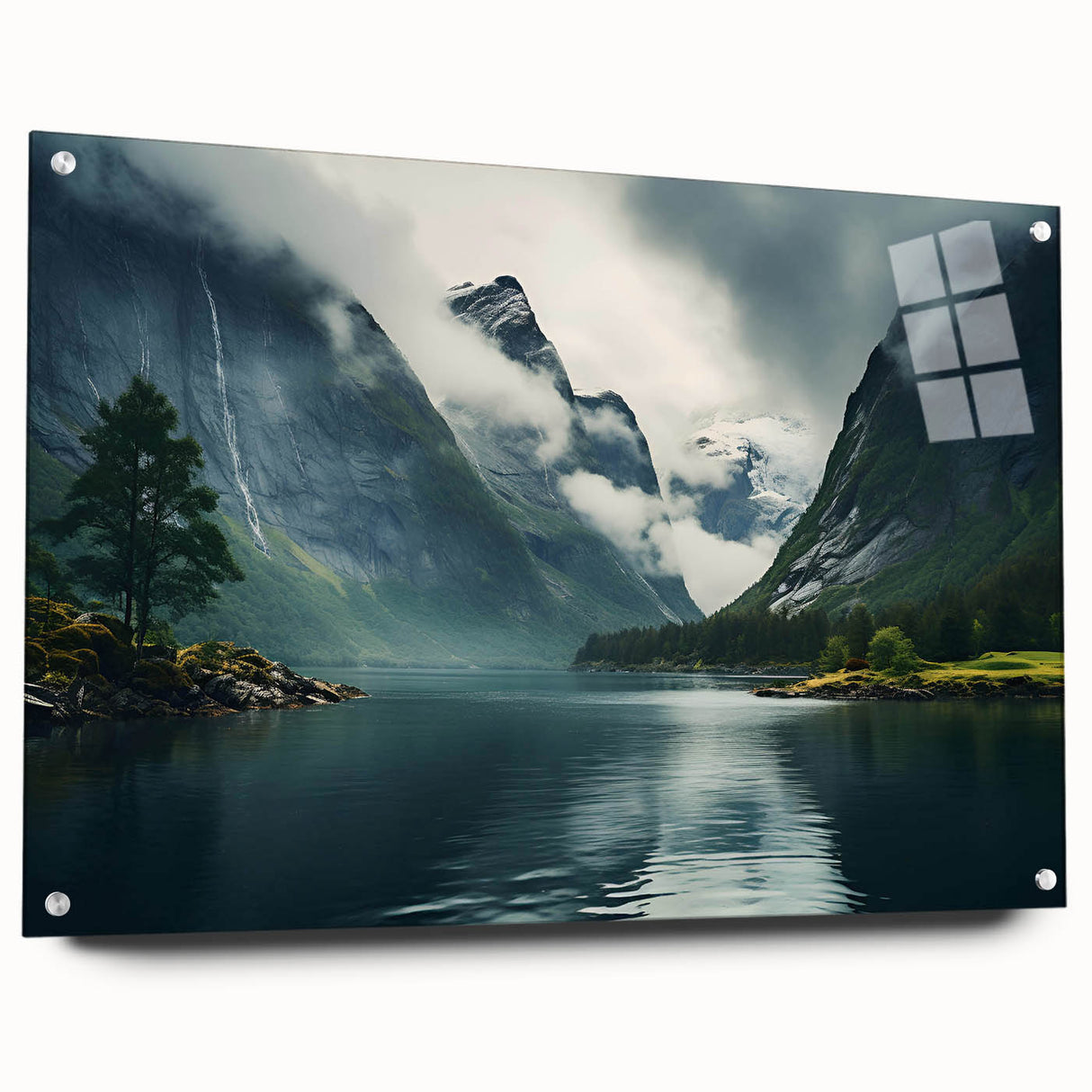 Acrylic wall art piece showcasing a misty landscape design with a fog effect, elegantly displayed from the side with visible mounting pins, perfect for modern decor.