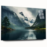 Acrylic glass wall art featuring a misty landscape design with soft, muted colors, showcasing a serene foggy atmosphere. Perfect for modern home decor.