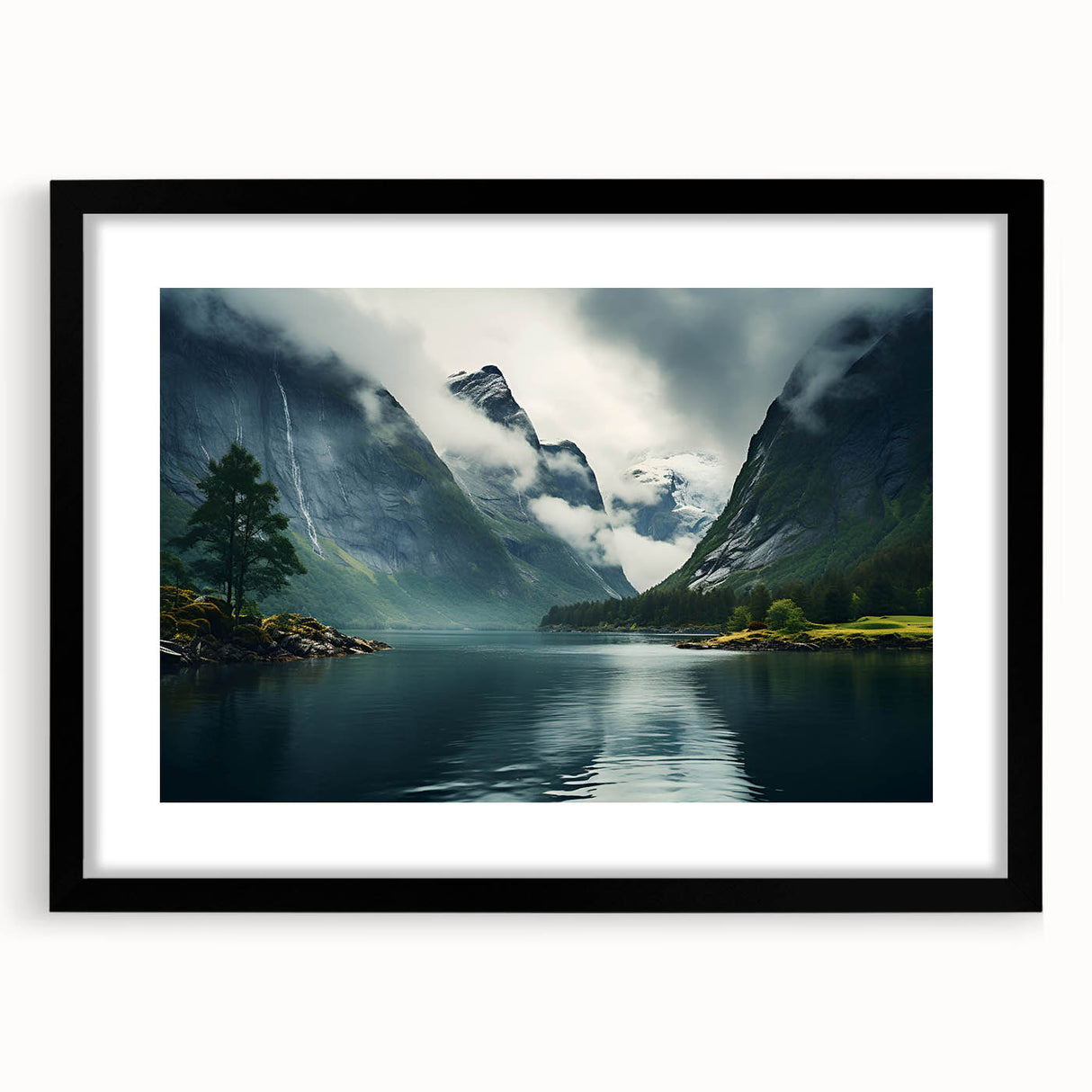 Framed wall art featuring a misty landscape design with foggy hues, set in a sleek black frame with a mat, perfect for enhancing modern decor.