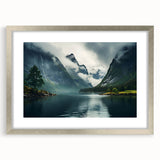 Framed wall art collection featuring a serene landscape design with mist and fog, showcasing a silver frame and mat. Perfect for home decor enhancement.