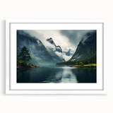 Framed wall art showcasing a serene misty landscape in soft hues of blue and gray, featuring a white mat and sleek frame, perfect for home decor enhancement.