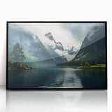 Framed acrylic wall art featuring a serene landscape shrouded in mist, with soft color gradients of gray and blue, ideal for modern home decor.