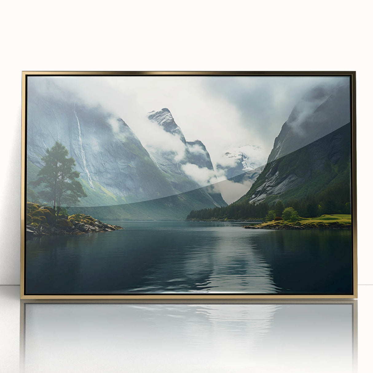 Framed acrylic wall art featuring a misty landscape design with soft fog and muted colors, elegantly presented in a gold frame for a sophisticated touch. Perfect for enhancing home decor.
