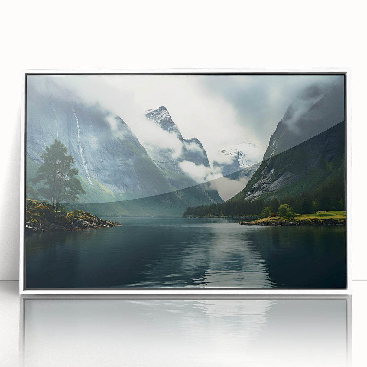 Framed acrylic wall art featuring a serene misty landscape design in soft gray and white tones, perfect for enhancing modern home decor with a tranquil ambiance.