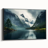 Framed wall art featuring a misty landscape design with soft fog and muted colors, showcasing a modern black frame, perfect for adding tranquility to any space.