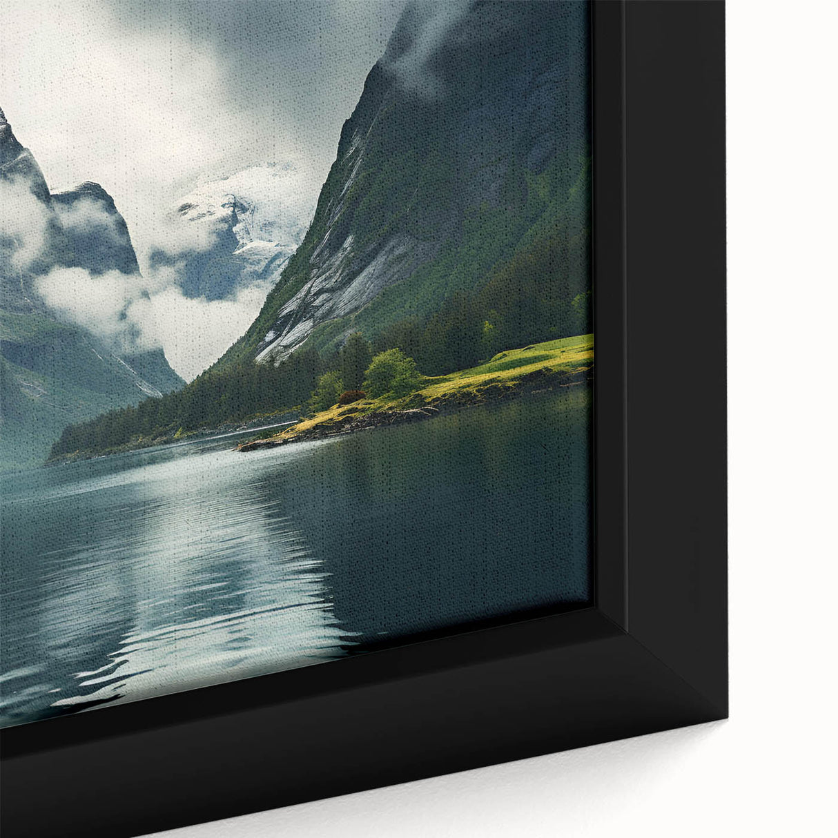 Framed canvas wall art showcasing a serene misty landscape with soft fog enveloping trees and hills, ideal for enhancing home decor with tranquility.