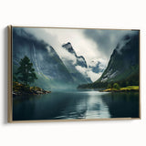 Framed canvas wall art featuring a serene landscape design with mist and fog, elegantly bordered in gold, ideal for enhancing modern home decor.
