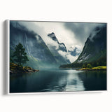 Framed canvas wall art featuring a serene misty landscape design with soft gray and white tones, showcasing a tranquil foggy scene, perfect for home decor.