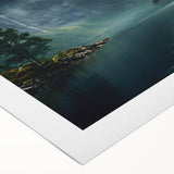 Rolled canvas wall art showcasing a serene misty landscape design, featuring soft hues of blue and gray, ideal for enhancing home decor aesthetics and tranquility.