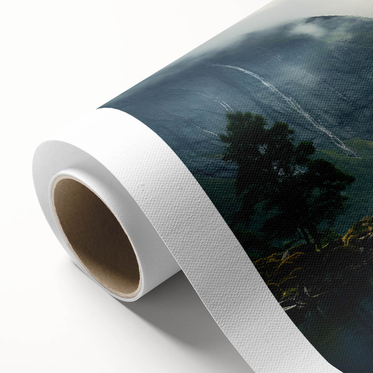 Serene landscape wall art featuring a misty fog design in soft blues and grays, printed on rolled canvas for easy display, perfect for home decor.